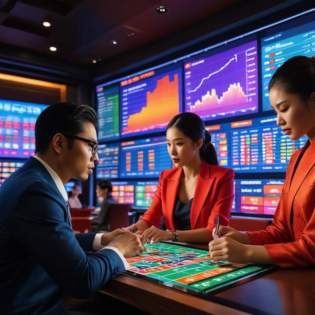 A visually striking composition depicting a diverse group of people intently studying various betting strategies on digital devices, surrounded by vibrant charts and graphs illustrating betting odds and trends. Incorporate elements of Asian cultural motifs in the background, with a subtle hint of traditional architecture. The scene should convey focus, strategy, and the thrill of betting success. super-realistic. vibrant colors. dynamic composition.