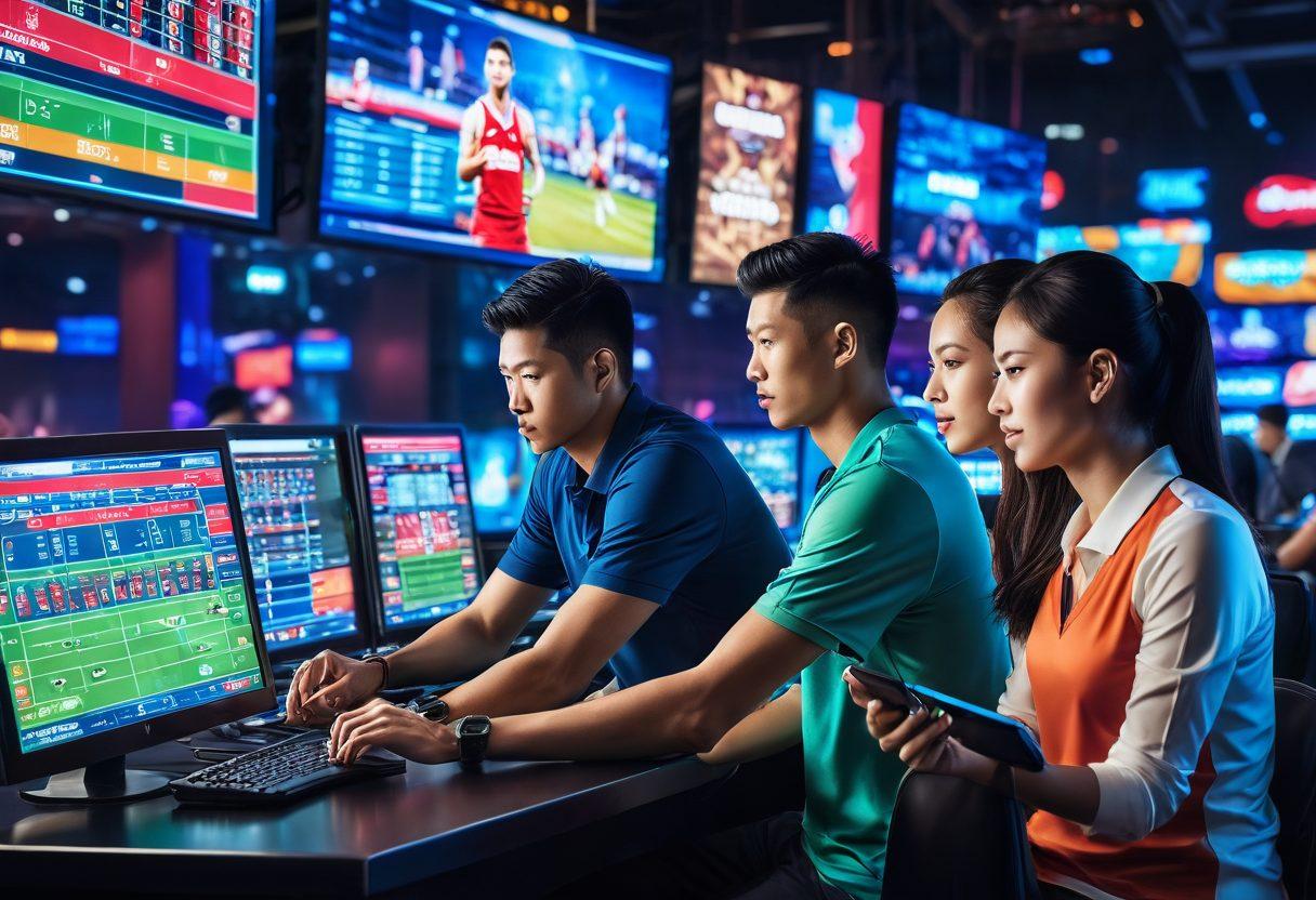 A dynamic scene depicting a diverse group of people engaged in online sports betting, with colorful digital interfaces showcasing various game stats and odds. The atmosphere is energetic and modern, capturing the thrill of winning and strategy discussion. Incorporate elements representing different sports popular in Asia, like soccer and basketball, and an array of digital devices. The background features a vibrant city skyline at night, symbolizing the online gambling industry. super-realistic. vibrant colors. 3D.
